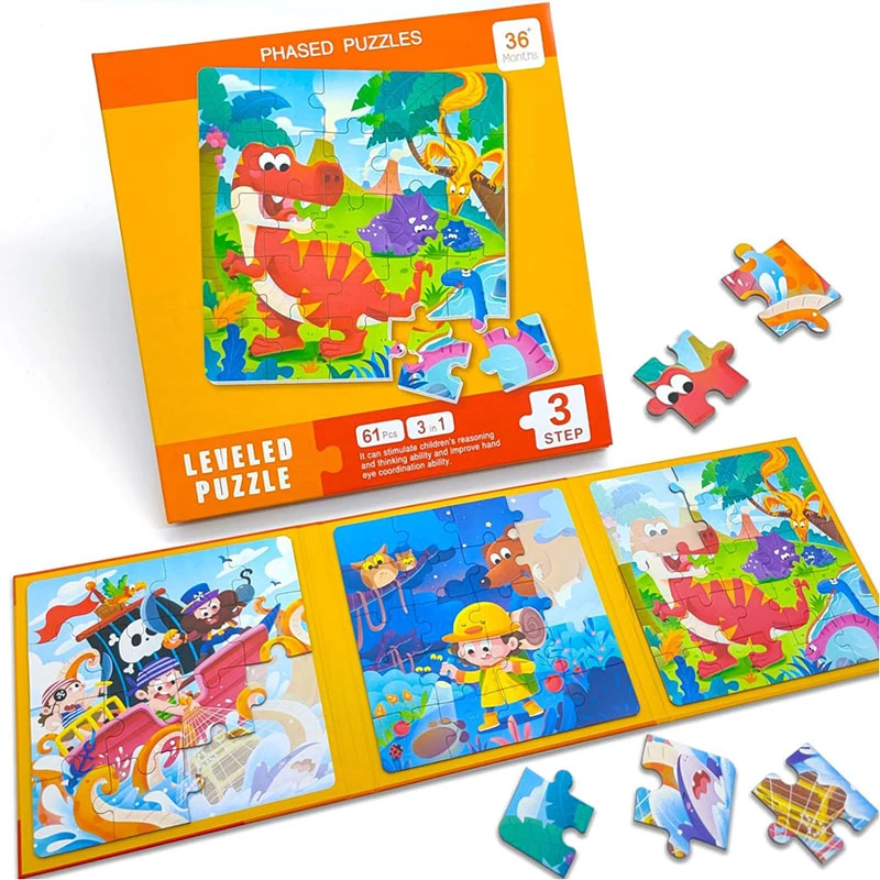 LEVELED PUZZLE - 3 In 1 Phased Magnetic Puzzle , Pirates & Dinosaurs Puzzles 61 PCs Preschool STEM Learning- Suitable for Ages 4 Years & Up (Step 3 B)